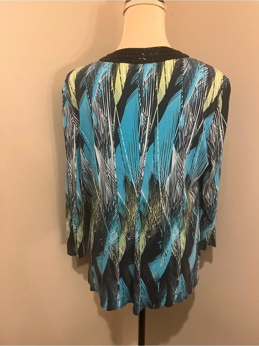 Etcetera Turquoise Patterned Deep V-Neck Tunic with Black Beaded Trim, Medium